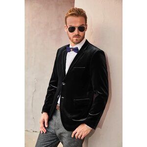PJ Paul Jones Unisex Black Velvet Blazer Jacket Baroque Print Lining Androgyny